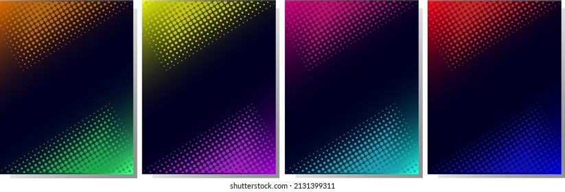 Set of dotted vectors, cover design. Dot pattern on blue background. Angular shapes vivid contrasting colors. 