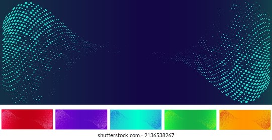 Conjunto de vectores punteados, diseño de portada. Patrón de puntos o partículas, formas distorsionadas. Decoración de esquina. Cartel colorido. 
