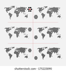 Set of dotted world maps in different resolution