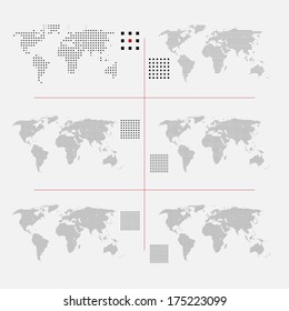 Set of dotted world maps in different resolution. Square pixel pattern. Modern digital globe. Black dots on white background. Abstract vector. 