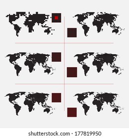 Set of dotted world maps in different resolution 