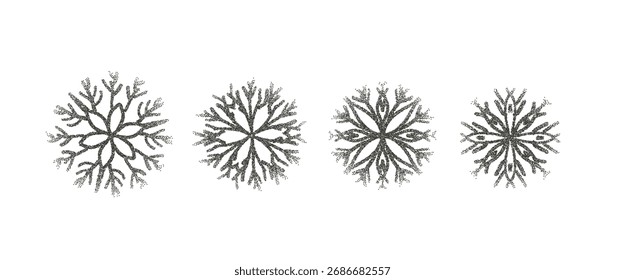 Conjunto de dotworks copos de nieve gradiente de ruido. La temporada de invierno salpica los Elementos de gradación de grano. Navidades de aerógrafo. Ilustración de Formas congeladas de semitono simple de Vector sobre fondo transparente.