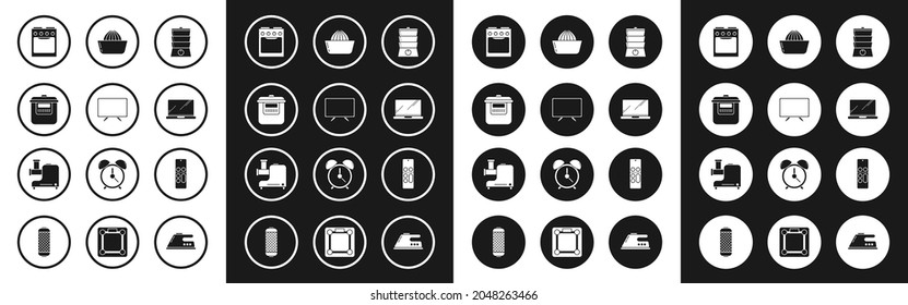 Fijar doble caldera, Smart Tv, Cocina lenta, Horno, Portátil, Juguete de frutas de cítricos, Control remoto e Icono de triturador de carne de cocina. Vector