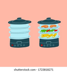 Set of double boilers home cooking related icons. Hand drawn vector stock illustrations included empty and full of food steamer icons. Graphics, isolated on pink background.