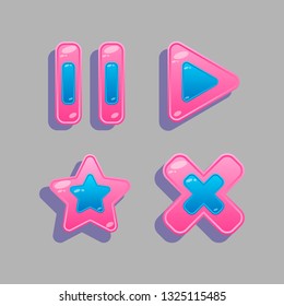 A set of double buttons for the interface of mobile and PC games, in the collection of which the icon "play", "pause", an asterisk and a cross.