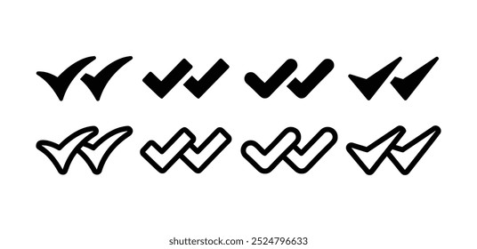 Satz von doppelten Check Symbol Symbol Zeichen Vektor Design schwarz weiß Farbe einfache Umrisslinie füllen schwarze Illustration einzeln
