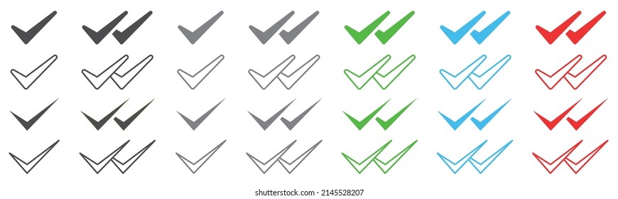 Set of double check icons. Double check symbol, sent, delivered, seen. Message status, chat icon with double check mark. Vector.