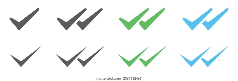 Conjunto de iconos de doble comprobación. Símbolo de verificación doble, enviado, entregado, visto. Estado del mensaje, icono de chat con doble marca de verificación. Vector.