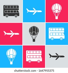 Set Double decker bus, Plane and Hot air balloon icon. Vector