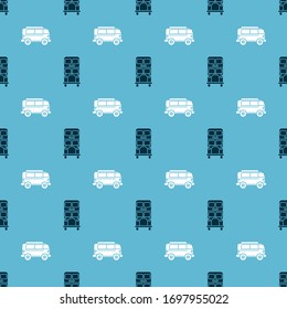 Set Double decker bus and Retro minivan on seamless pattern. Vector