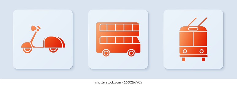 Set Double decker bus, Scooter and Trolleybus. White square button. Vector