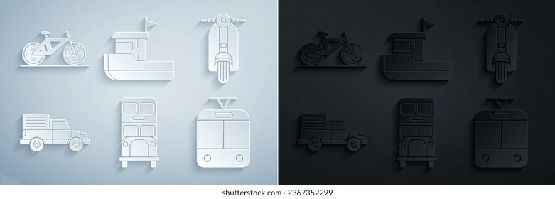 Set Double decker bus, Scooter, Delivery cargo truck vehicle, Tram and railway, Fishing boat and Bicycle icon. Vector