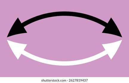 Set of double headed curve white and black arrows. Dual sided curved arrow icon. Double reverse arrows. Black and white arrow. Dual semi circle arrow. Replaceable vector design. 
