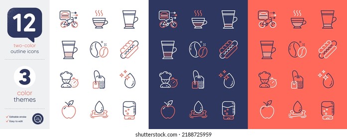 Set of Double latte, Food delivery and Latte line icons. Include Apple, Cafe creme, Tea bag icons. Water splash, Hotdog, Water drop web elements. Coffee beans, Chef. For web, application. Vector