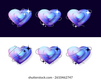 set of double love heart with line and spark modern trendy light 3d hologram, holo, futuristic decoration icon sign on dark background