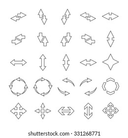 A set of double outline arrows of thin lines, vector illustration.