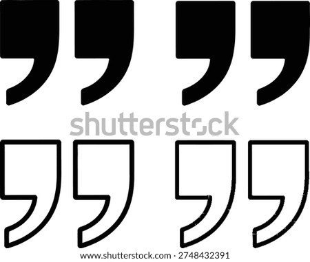 Set of double quotation marks icons in various styles on a white background for text highlighting and citation purposes in graphic design and writing.