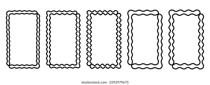 Set of double rectangle frames with wavy borders. Vignettes for photos, pictures or mirrors. Empty box, tag, stamp or label templates isolated on white background. Vector graphic illustration.