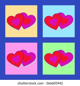 Set of double red purple hearts on colored backgrounds