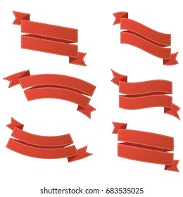 set of double red ribbon banner with dashed line on white background vector, for label or flag illustration.