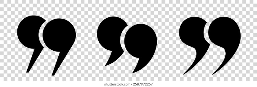 A set with double round quotes of different shapes, made in black on a transparent background. Quote icons in the title, check marks, and quote icons in the comments. Vector EPS 10.