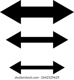 Set of double sided arrows of different sizes. Vector illustration of three bold double arrows in varying sizes. Black arrows pointing left and right. Minimalist graphic with geometric shapes