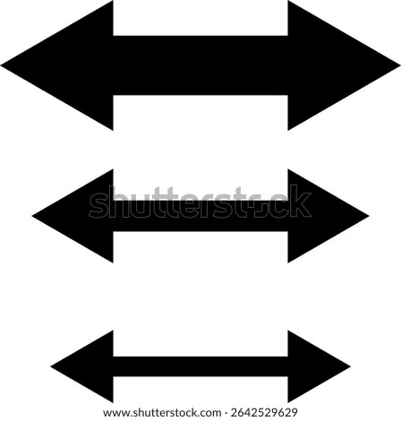 Set of double sided arrows of different sizes. Vector illustration of three bold double arrows in varying sizes. Black arrows pointing left and right. Minimalist graphic with geometric shapes