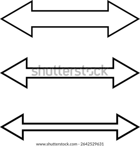 Set of double sided arrows of different sizes. Vector illustration of three bold double arrows in varying sizes. Black arrows pointing left and right. Minimalist graphic with geometric shapes
