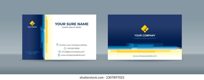 Set of double sided business card templates with random horizontal stacked transparent white yellow bars on white blue background