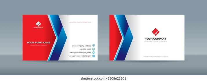 Set of double sided business card templates with simple folded blue ribbon on white red background