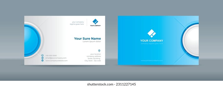 Set of double sided business card templates with blue semicircular illustration on the side on a blue and white background