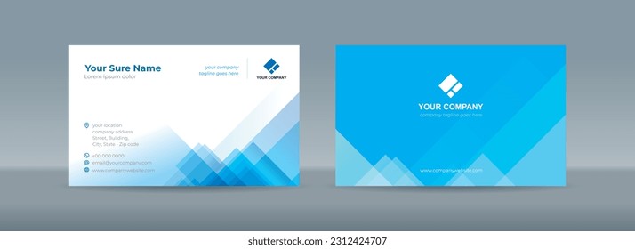 Set of double sided business card templates with illustrations of randomly stacked transparent blue triangles on a blue and white background