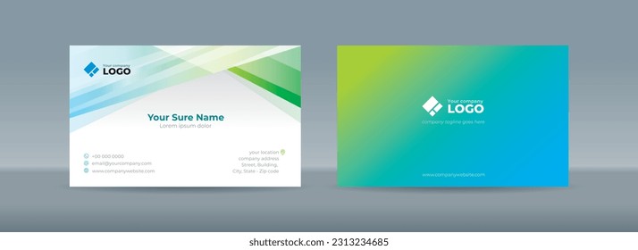 Set of double sided business card templates with illustrations of randomly stacked transparent blue and green triangles on a blue and white background