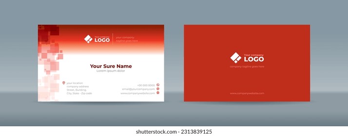Set of double sided business card templates with abstract random transparent white rectangle on white and red background