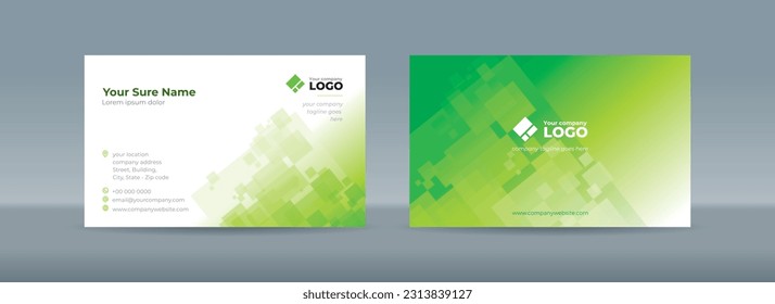 Set of double sided business card templates with abstract random transparent white rectangle on white and green background