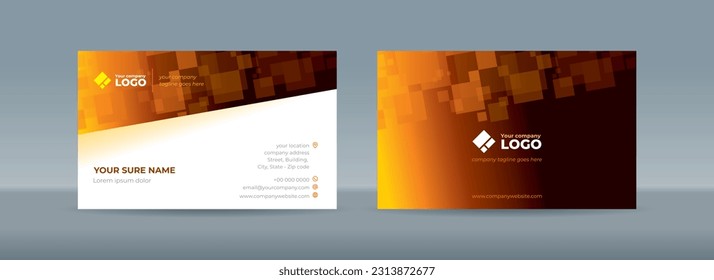 Set of double sided business card templates with abstract random transparent white rectangle on white and orange background