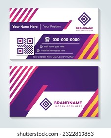 Conjunto de plantillas de tarjetas de visita de doble cara con barras diagonales aleatorias apiladas sobre fondo morado y blanco. diseño horizontal combinado con elementos de colores de gradiente rosa y amarillo.