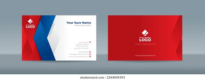 Set of double sided business card templates with simple blue folded ribbons on red and white background