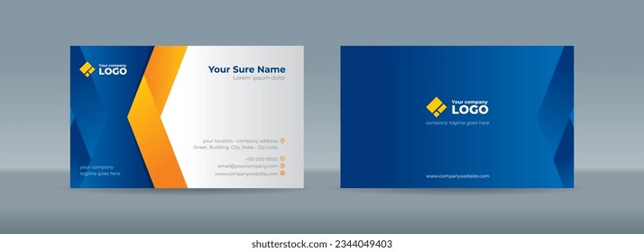 Set of double sided business card templates with simple orange folded ribbons on blue and white background