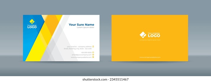 Set of double sided business card templates with intersecting abstract transparent rectangles in yellow and blue colors