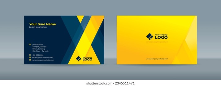 Set of double sided business card templates with intersecting abstract transparent rectangles in yellow and dark blue colors