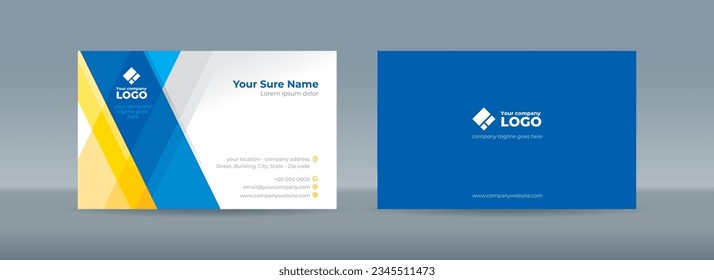 Set of double sided business card templates with intersecting abstract transparent rectangles in yellow and blue colors