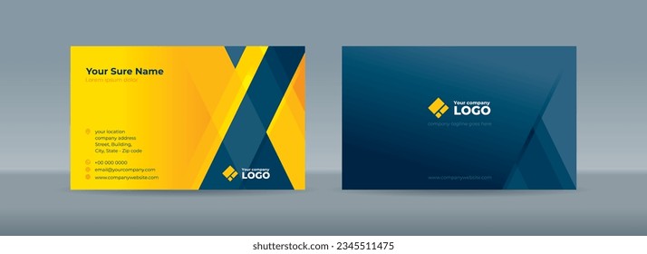 Set of double sided business card templates with intersecting abstract transparent rectangles in yellow and dark blue colors