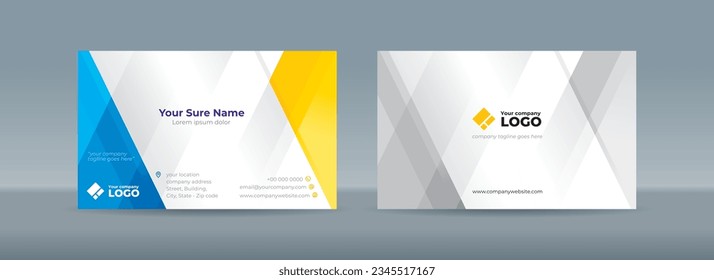 Set of double sided business card templates with intersecting abstract transparent rectangles in yellow and blue colors