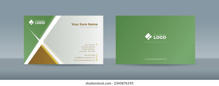 Set of double sided business card template with abstract pastel green, and gold rectangle on white color background