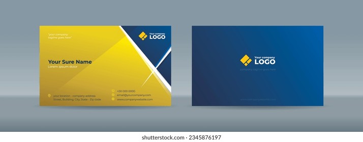 Set of double sided business card template with blue rectangle on gold color background