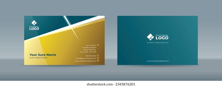 Set of double sided business card template with abstract bluish green rectangle on gold color background