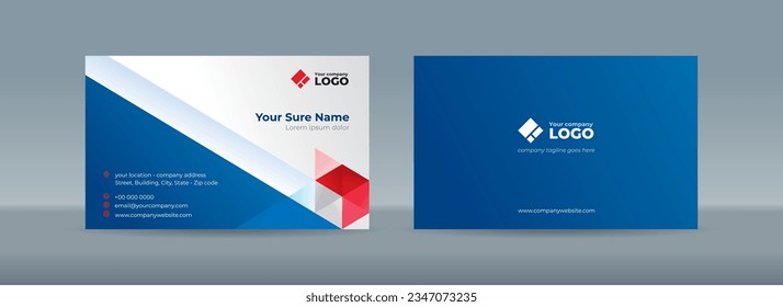 Set of double sided business card templates with blue and red triangles arranged on white and dark blue background