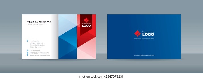 Set of double sided business card templates with blue and red triangles arranged on white and dark blue background