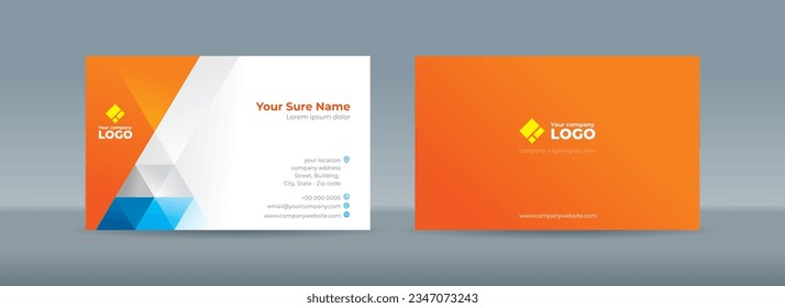 Set of double sided business card templates with blue and white triangles arranged on white and orange background